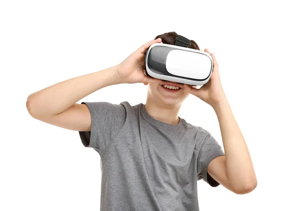 Portret Van Jongen Hebben Plezier Met Virtual Reality Headset Witte — Stockfoto