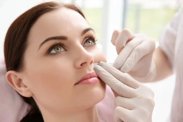 Woman Having Hair Removal Procedure Face Wax Depilatory Salon Depilation — Stock Photo, Image