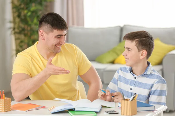 Father Son Doing Homework Together Indoors — Stock Photo, Image