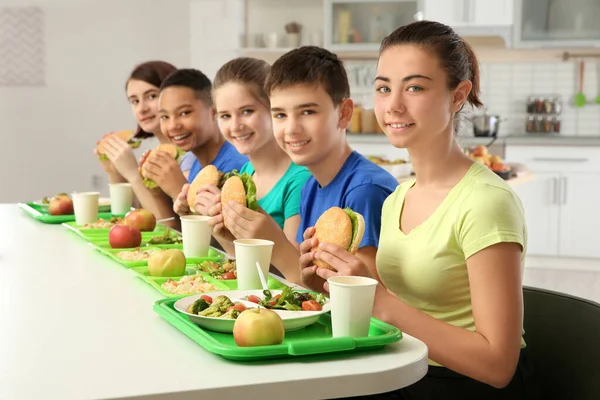 Children Eating Delicious Sandwiches School Canteen — Stock Photo, Image