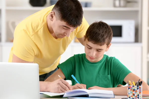 Father Son Doing Homework Together Indoors — Stock Photo, Image
