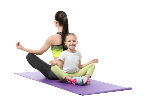 Mother Daughter Doing Exercise White Background — Stock Photo, Image