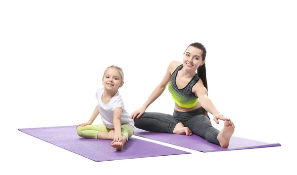 Mother Daughter Doing Exercise White Background — Stock Photo, Image