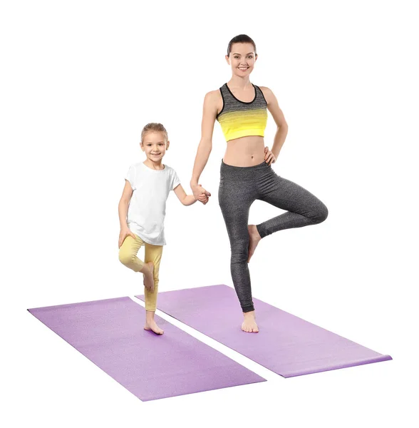 Mother Daughter Doing Exercise White Background — Stock Photo, Image