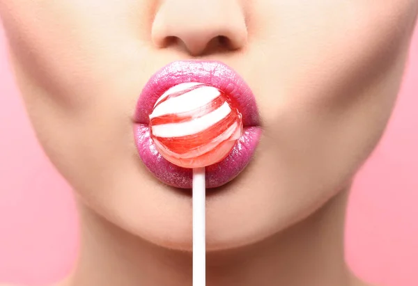 Lips Beautiful Young Woman Lollipop Closeup — Stock Photo, Image