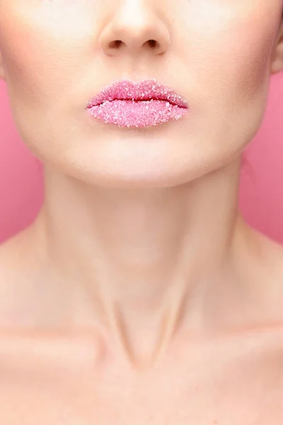 Beautiful Young Woman Sugary Lips Color Background — Stock Photo, Image