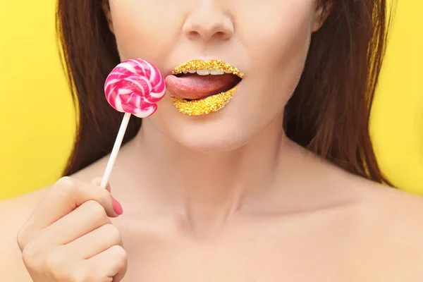 Lips Beautiful Young Woman Creative Makeup Lollipop Closeup — Stock Photo, Image