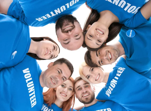 Young Volunteers Heads Together Circle White Background — Stock Photo, Image