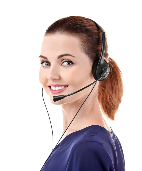 Young Woman Headset White Background — Stock Photo, Image