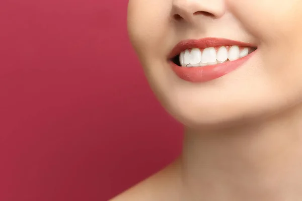Young Woman Healthy Teeth Colour Background Closeup — Stock Photo, Image