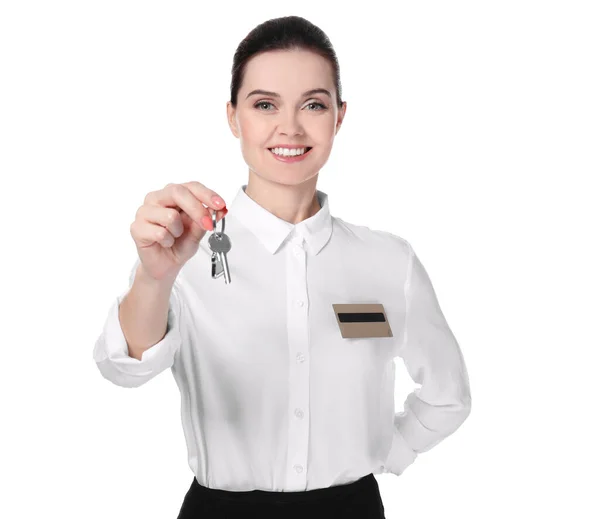 Female Receptionist Key Hotel Room White Background — Stock Photo, Image