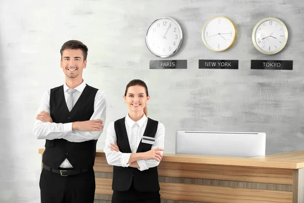 Female Male Receptionists Working Hotel — Stock Photo, Image