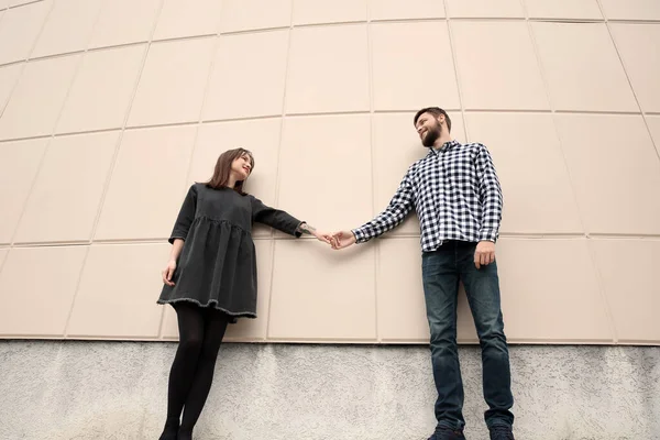 Trendy Hipster Couple Light Wall Outdoors — Stock Photo, Image