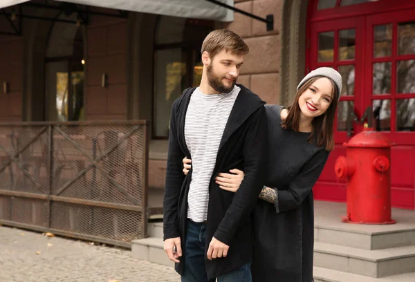 Trendy Hipster Couple Modern Cafe Outdoors — Stock Photo, Image