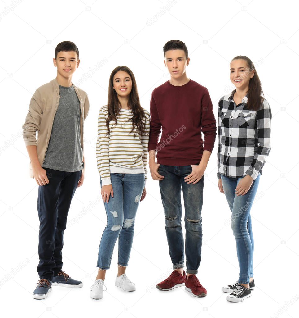 Group of teenagers on white background