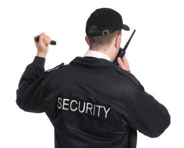 Male security guard with flashlight on white background clipart