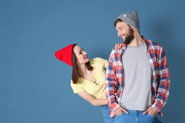 Trendy Hipster Couple Posing Together Color Background — Stock Photo, Image