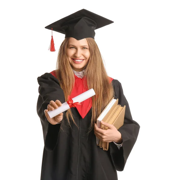 Estudante Sexo Feminino Com Diploma Fundo Branco — Fotografia de Stock