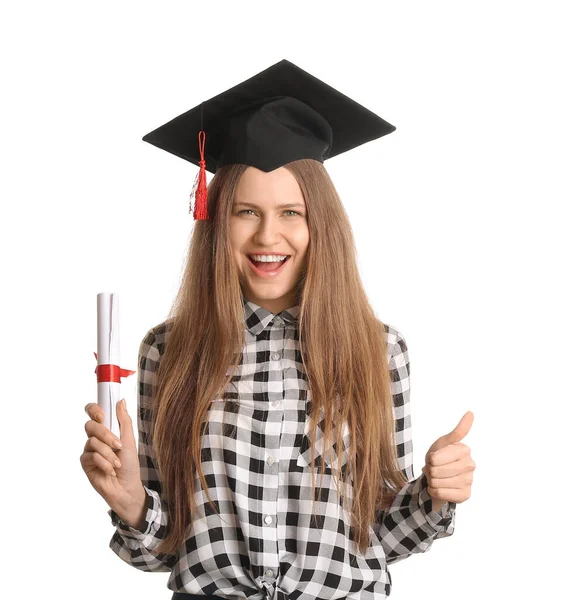Estudante Graduação Sexo Feminino Com Diploma Mostrando Thumb Fundo Branco — Fotografia de Stock
