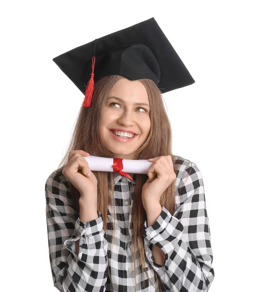 白地に卒業証書を持つ女性卒業生 — ストック写真
