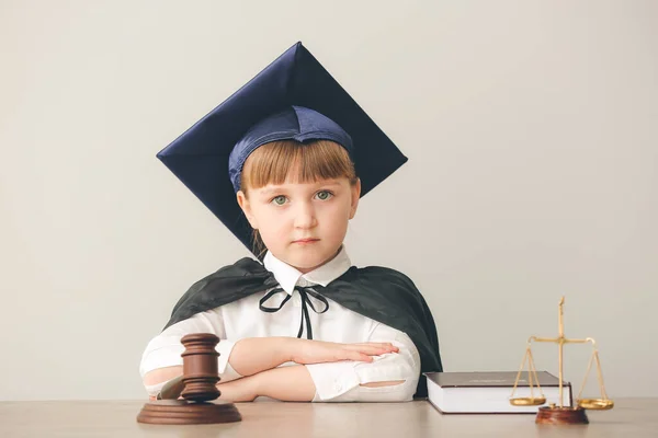 Portrait Little Judge Sitting Table Grey Background — Stock Photo, Image