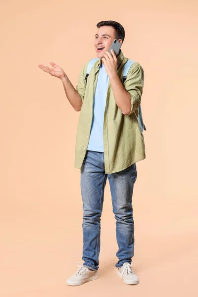 Male Student Talking Phone Color Background — Stock Photo, Image