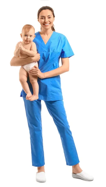 Massagetherapeutin Mit Niedlichem Baby Auf Weißem Hintergrund — Stockfoto