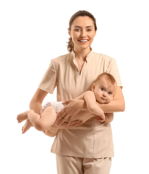 Massaggiatore Con Simpatico Bambino Sfondo Bianco — Foto Stock