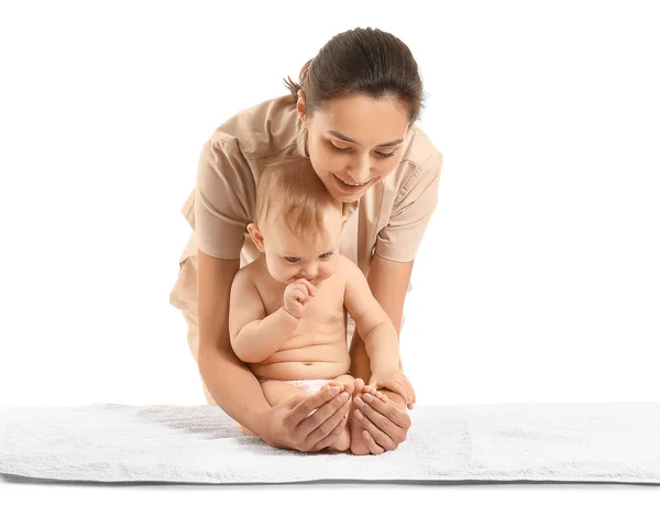 Masaż Terapeuta Cute Baby Białym Tle — Zdjęcie stockowe