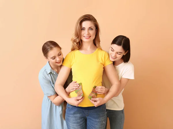 Lesbian Couple Pregnant Woman Color Background Surrogate Motherhood Concept — Stock Photo, Image