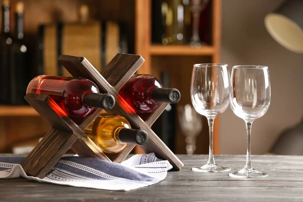 Stand Bottles Wine Glasses Table Cellar — Stock Photo, Image