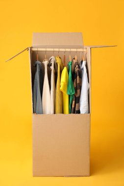Renkli arka planda kıyafet taşıyan kutucuk taşınıyor