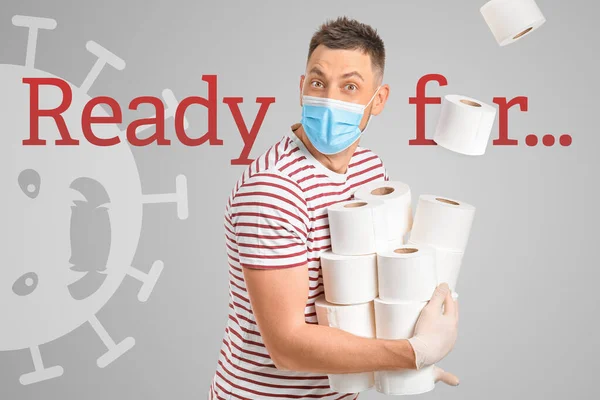 Worried Man Protective Mask Toilet Paper Light Background Concept Coronavirus — Stock Photo, Image