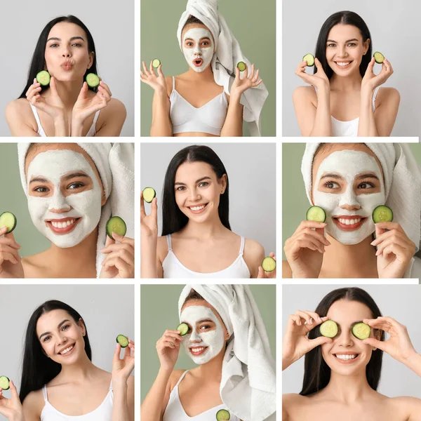 Set Young Women Cucumber Slices — Stock Photo, Image