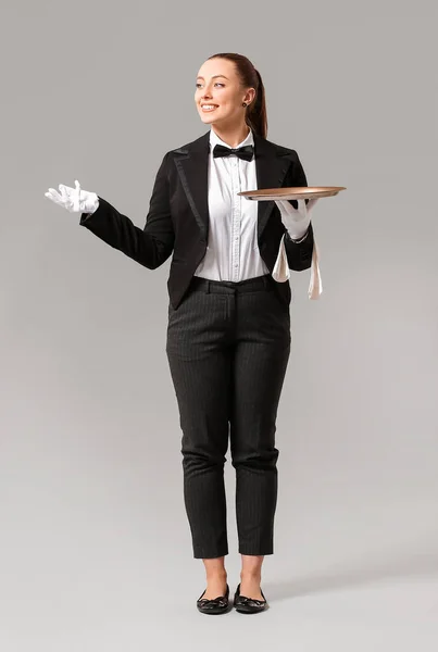 Beautiful Female Waiter Grey Background — Stock Photo, Image