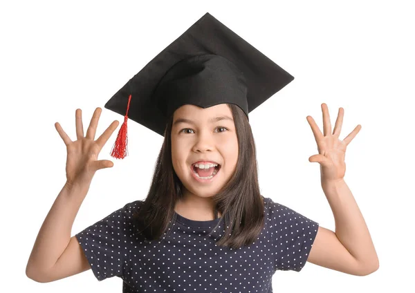 Κοριτσάκι Καπέλο Αποφοίτησης Λευκό Φόντο — Φωτογραφία Αρχείου