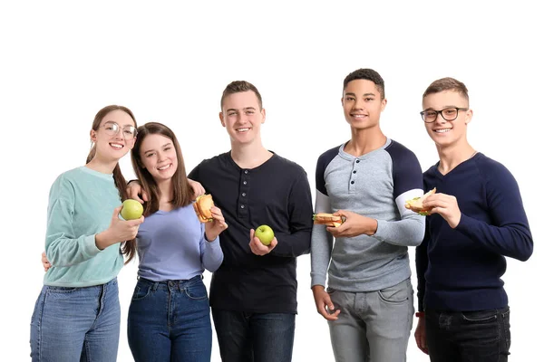 Schüler Mit Leckerem Mittagessen Auf Weißem Hintergrund — Stockfoto