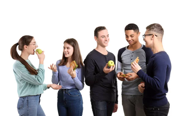 Schüler Beim Imbiss Auf Weißem Hintergrund — Stockfoto