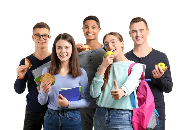 Alunos Fazendo Lanche Fundo Branco — Fotografia de Stock