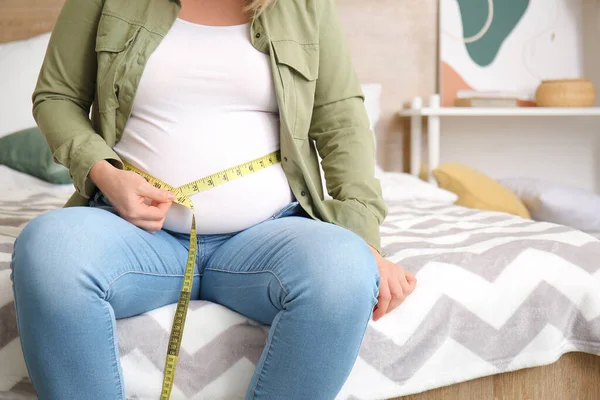 Overweight Woman Measuring Tape Home Weight Loss Concept — Stock Photo, Image