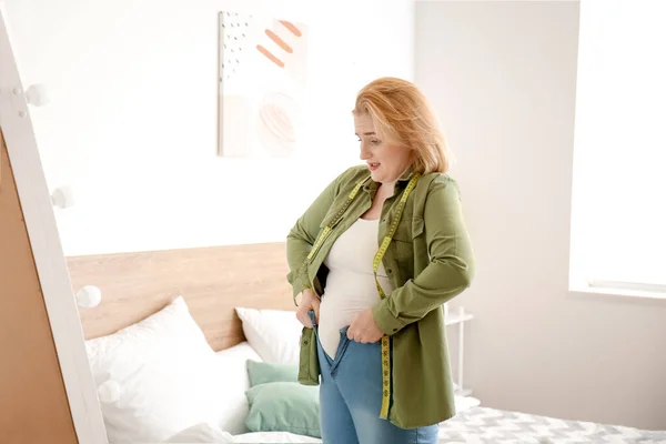 Troubled Overweight Woman Tight Clothes Mirror Home — Stock Photo, Image