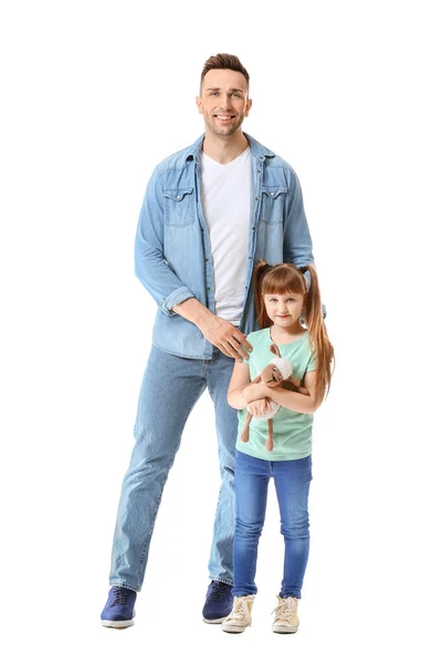 Hombre Feliz Con Niña Adoptada Sobre Fondo Blanco —  Fotos de Stock