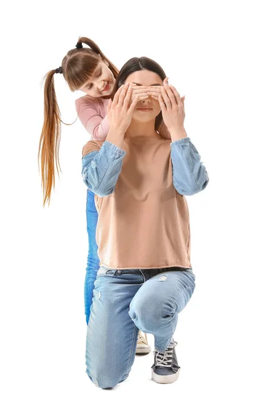 Mujer Feliz Con Niña Adoptada Sobre Fondo Blanco —  Fotos de Stock