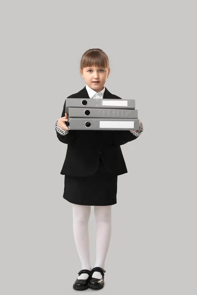 Portrait Little Secretary Documents Grey Background — Stock Photo, Image