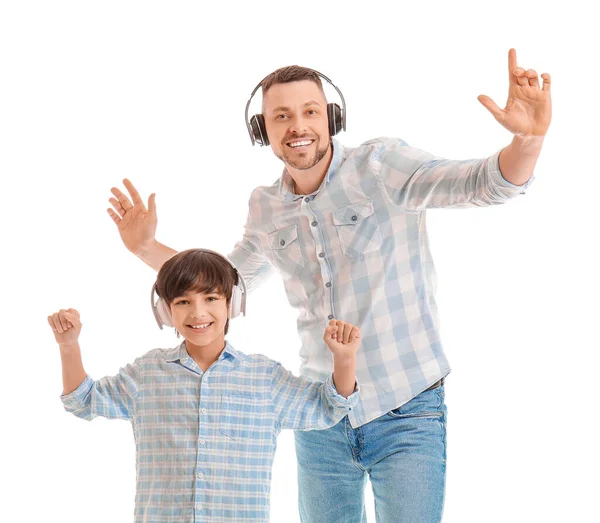 Father Little Son Listening Music White Background — Stock Photo, Image