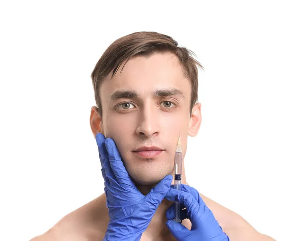 Handsome Man Receiving Filler Injection White Background — Stock Photo, Image