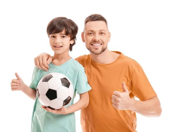 Father Little Son Soccer Ball White Background — Stock Photo, Image