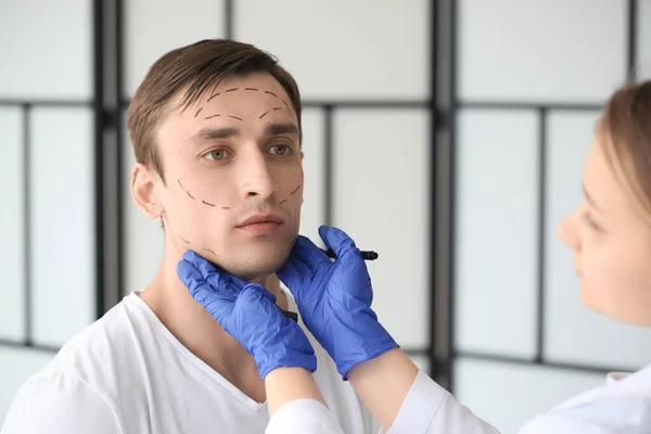 Plastic Surgeon Applying Marks Man Face Clinic — Stock Photo, Image