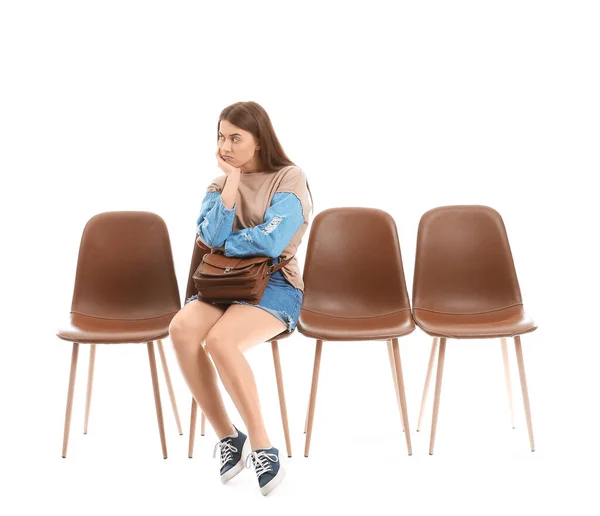 Young Woman Waiting Her Turn White Background — Stock Photo, Image