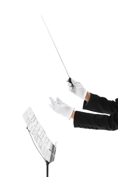 Handen Van Jonge Vrouwelijke Dirigent Witte Achtergrond — Stockfoto